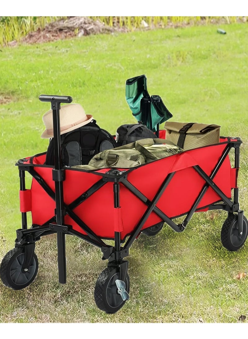 ADAK Collapsible Folding Wagon- Heavy Duty Utility Cart with 360° Rotating 4'' Wheels,150KG Load Capacity, Foldable Design for Camping, Beach, Garden, and Shopping- Durable Alloy, PVC,and Iron (Red)