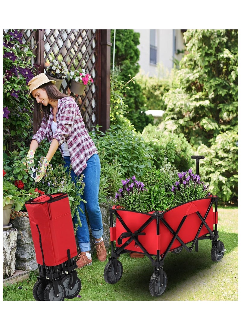 ADAK Collapsible Folding Wagon- Heavy Duty Utility Cart with 360° Rotating 4'' Wheels,150KG Load Capacity, Foldable Design for Camping, Beach, Garden, and Shopping- Durable Alloy, PVC,and Iron (Red)