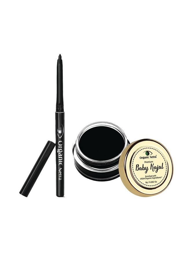 Baby Kajal With No Harmful Chemicals (8G) & Organic Netra Pure Black Kohl Kajal (20G) Combo Set, For Naturally Enchanting Eyes (Set Of 2)