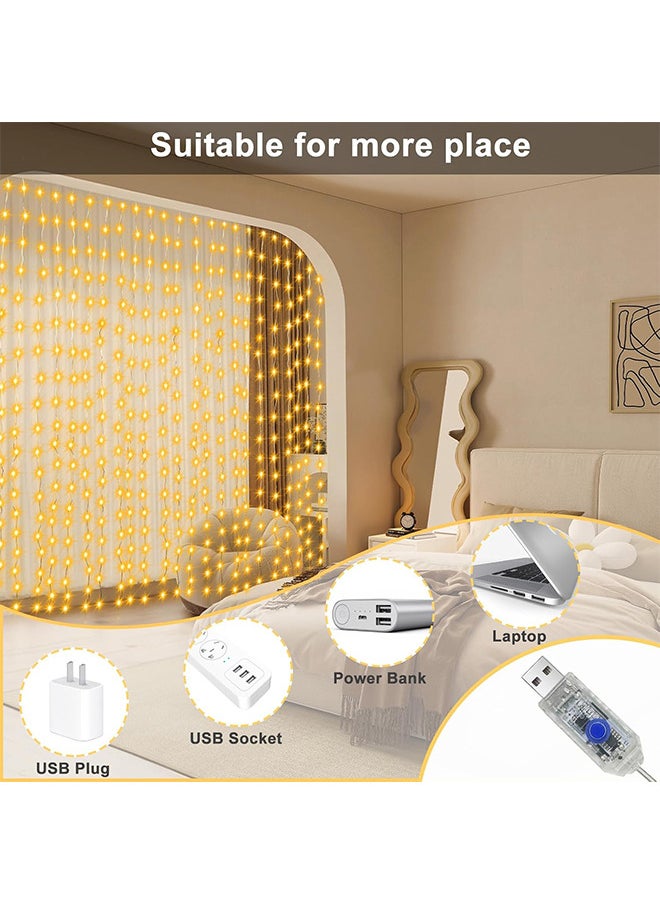 300 LED Fairy Curtain Lights with Remote Timer, USB Powered Copper Curtain String Lights 9.8Ft x 9.8Ft for Bedroom Window Wedding Decor (Warm White)