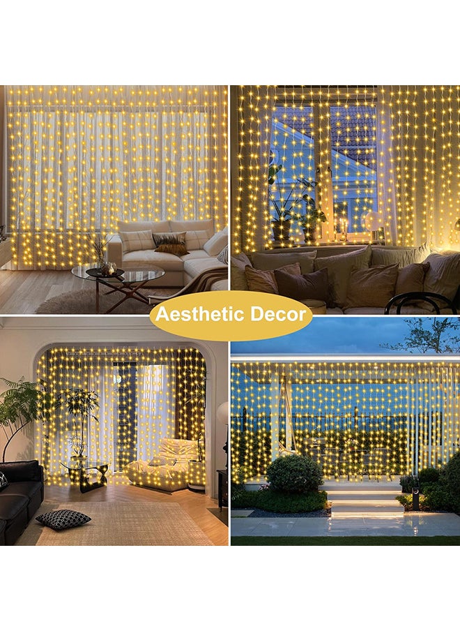 300 LED Fairy Curtain Lights with Remote Timer, USB Powered Copper Curtain String Lights 9.8Ft x 9.8Ft for Bedroom Window Wedding Decor (Warm White)