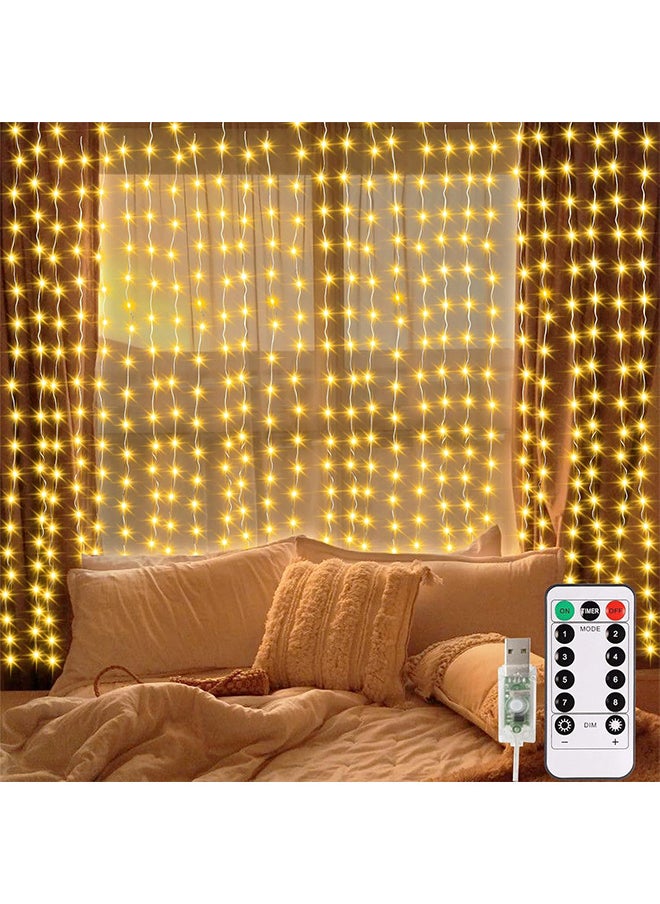 300 LED Fairy Curtain Lights with Remote Timer, USB Powered Copper Curtain String Lights 9.8Ft x 9.8Ft for Bedroom Window Wedding Decor (Warm White)