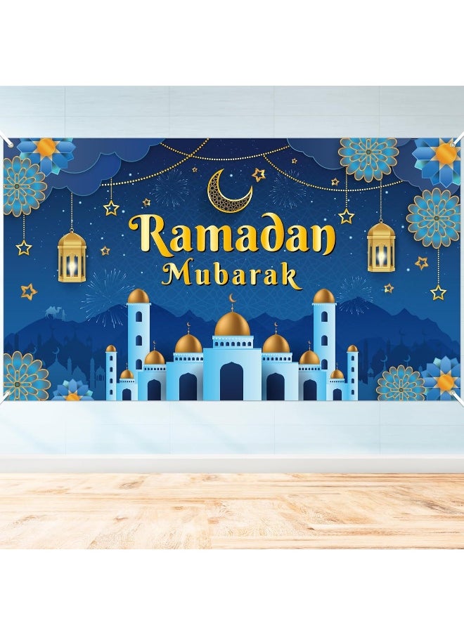 Ramadan Mubarak Door Cover Ramadan Decorations for Home, Large Eid Mubarak Ramadan Backdrop with Moon Castles Sign for Muslim Indoor Outdoor Decor Party Supply