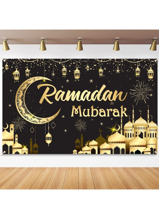 Ramadan Mubarak Door Cover Ramadan Decorations for Home, Large Eid Mubarak Ramadan Backdrop with Moon Castles Sign for Muslim Indoor Outdoor Decor Party Supply