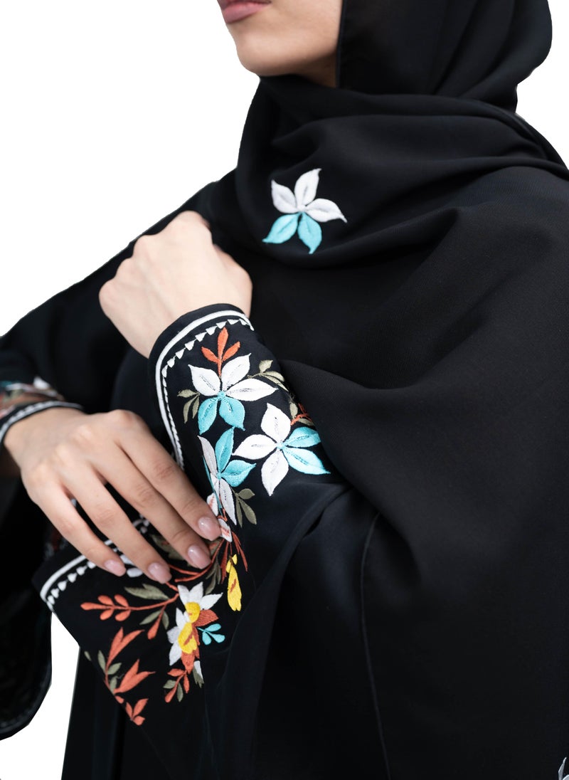 Elegant Black Nida Abaya with Vibrant Floral Embroidery in Abaya and Hijab.-638