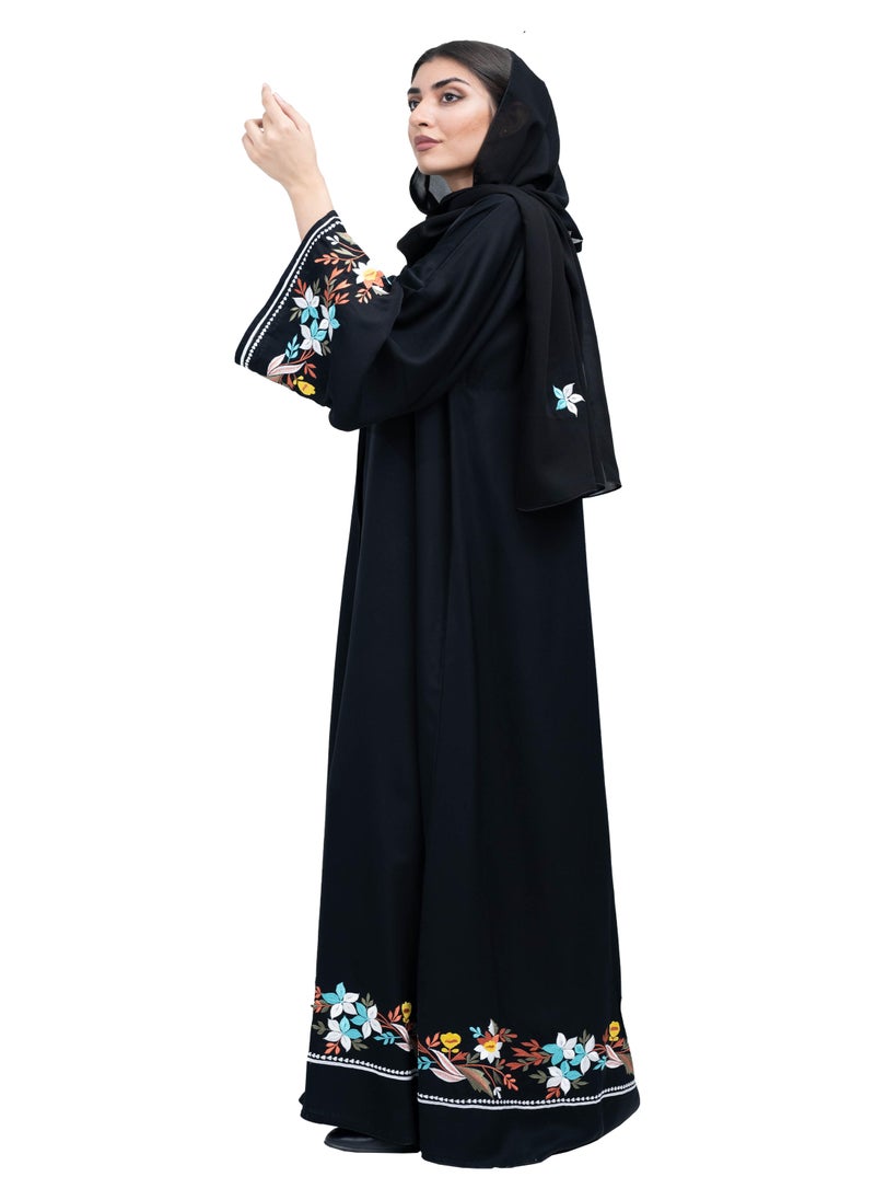 Elegant Black Nida Abaya with Vibrant Floral Embroidery in Abaya and Hijab.-638