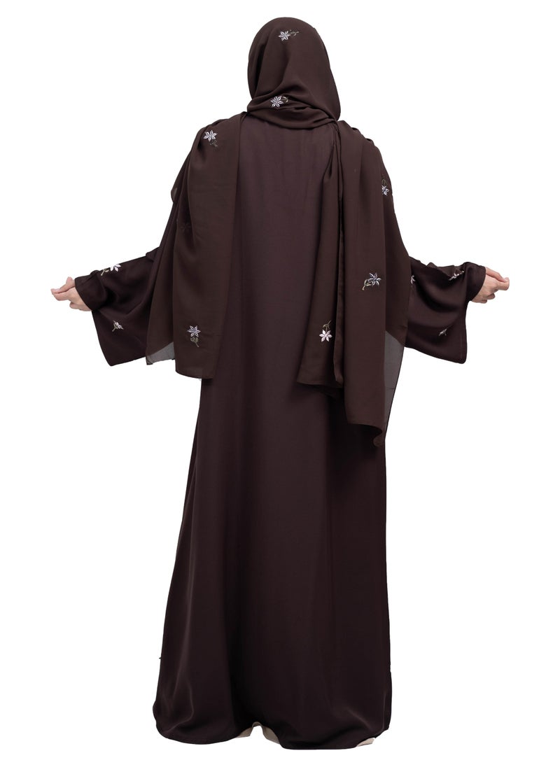 Sleek Coffee Brown Nida Abaya with Intricate Floral Embroidery and Matching embroidered Hijab-630