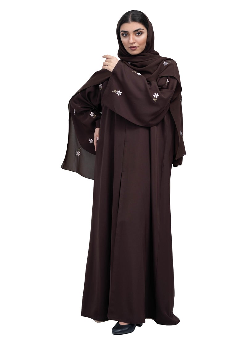 Sleek Coffee Brown Nida Abaya with Intricate Floral Embroidery and Matching embroidered Hijab-630