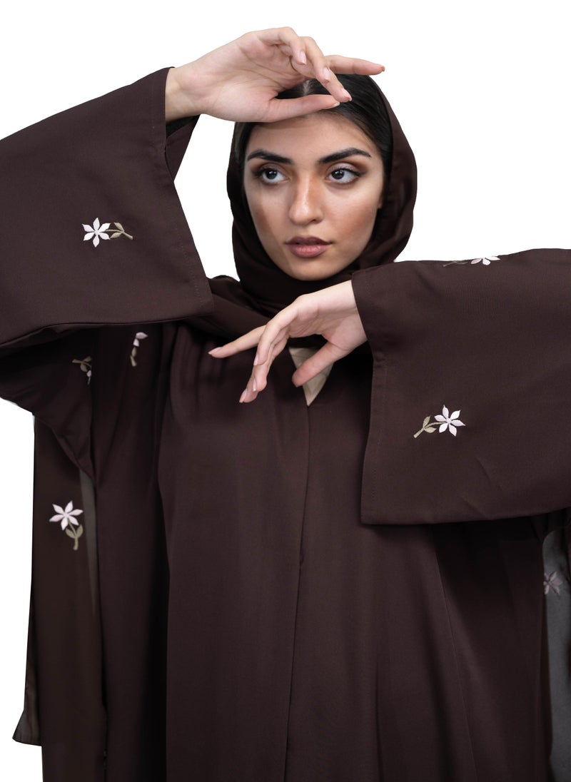 Sleek Coffee Brown Nida Abaya with Intricate Floral Embroidery and Matching embroidered Hijab-630