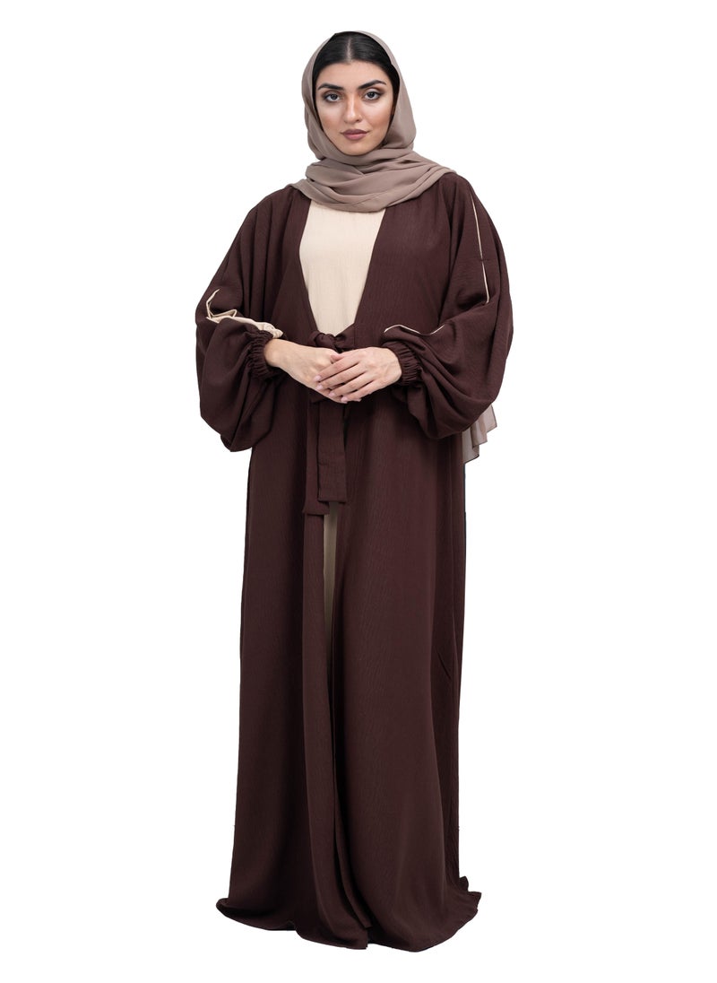 Elegant Dark Brown and Beige CY fabric Abaya with Waist Tie detail and Hijab-641