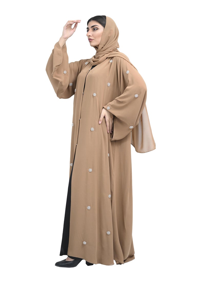 Luxury Dark Beige Double Chiffon Abaya with Beadwork includes Belt and Hijab-620