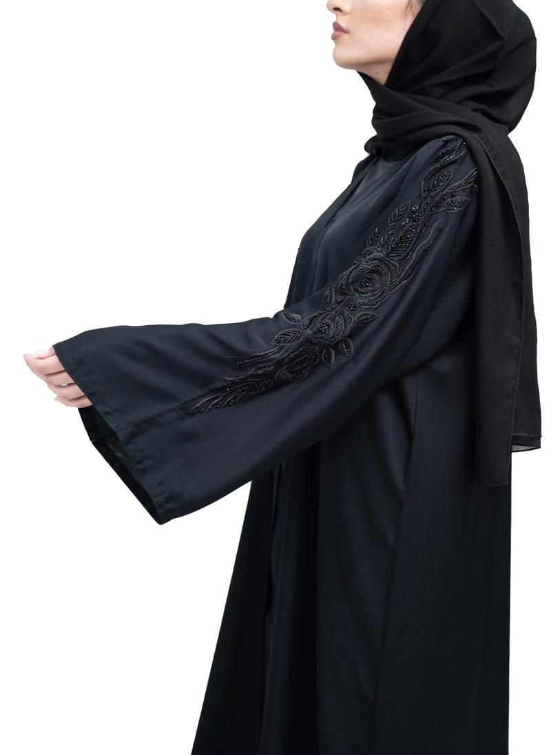 Elegant Black Nida Abaya with Beadwork and Embroidery includes Hijab-623