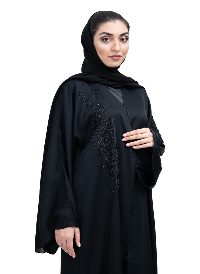 Elegant Black Nida Abaya with Beadwork and Embroidery includes Hijab-623