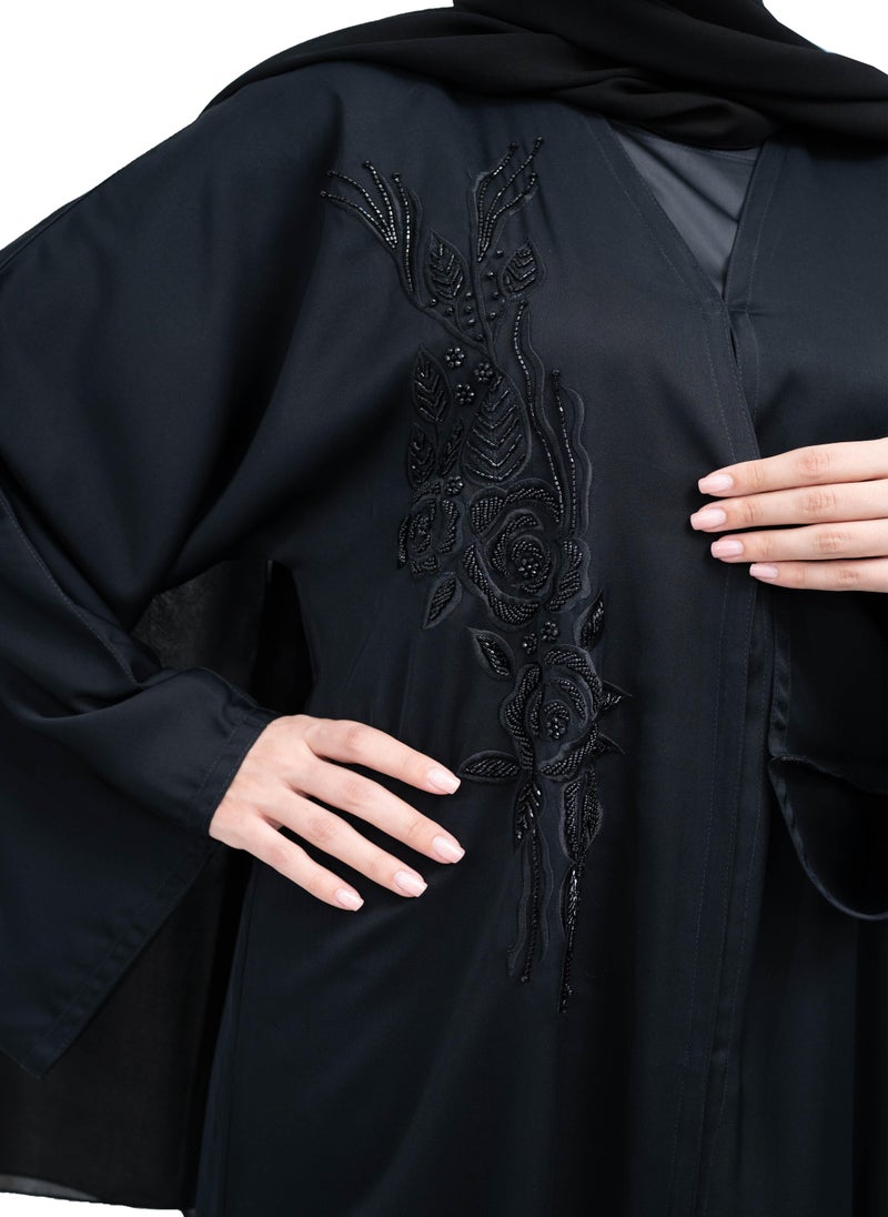 Elegant Black Nida Abaya with Beadwork and Embroidery includes Hijab-623