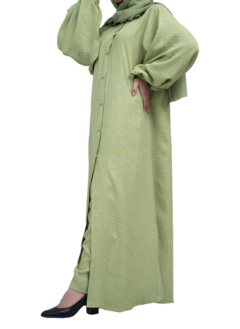 Pastel Green Front-Open Co-Ord Set in CY MilanC fabric with Button Detailing includes hijab-2P643