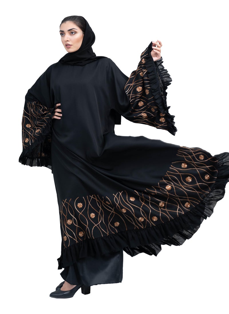 Chic Black Nida Abaya with Brown Floral Embroidery and Frill Design includes Hijab-635