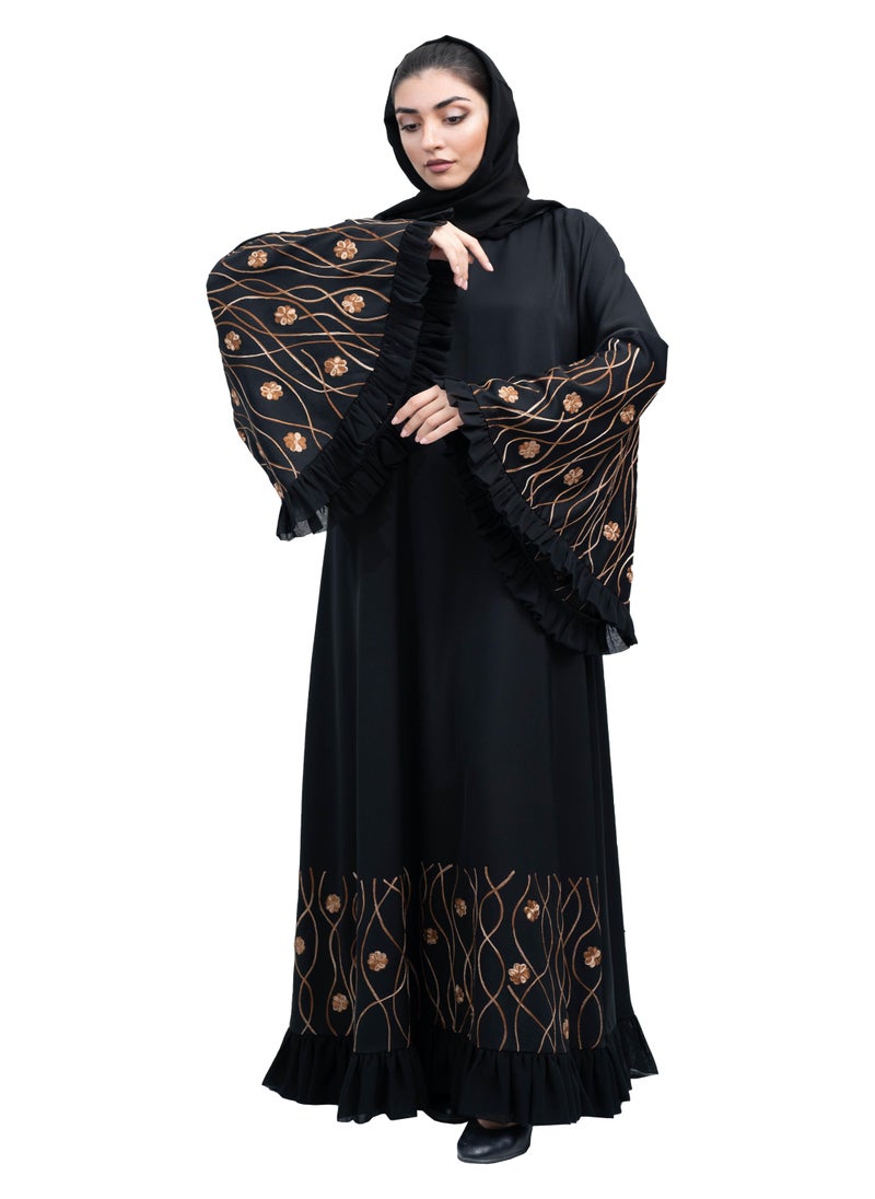 Chic Black Nida Abaya with Brown Floral Embroidery and Frill Design includes Hijab-635