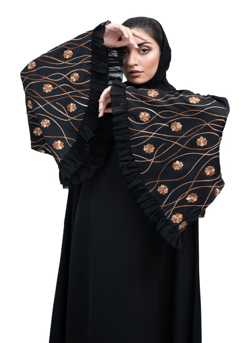 Chic Black Nida Abaya with Brown Floral Embroidery and Frill Design includes Hijab-635