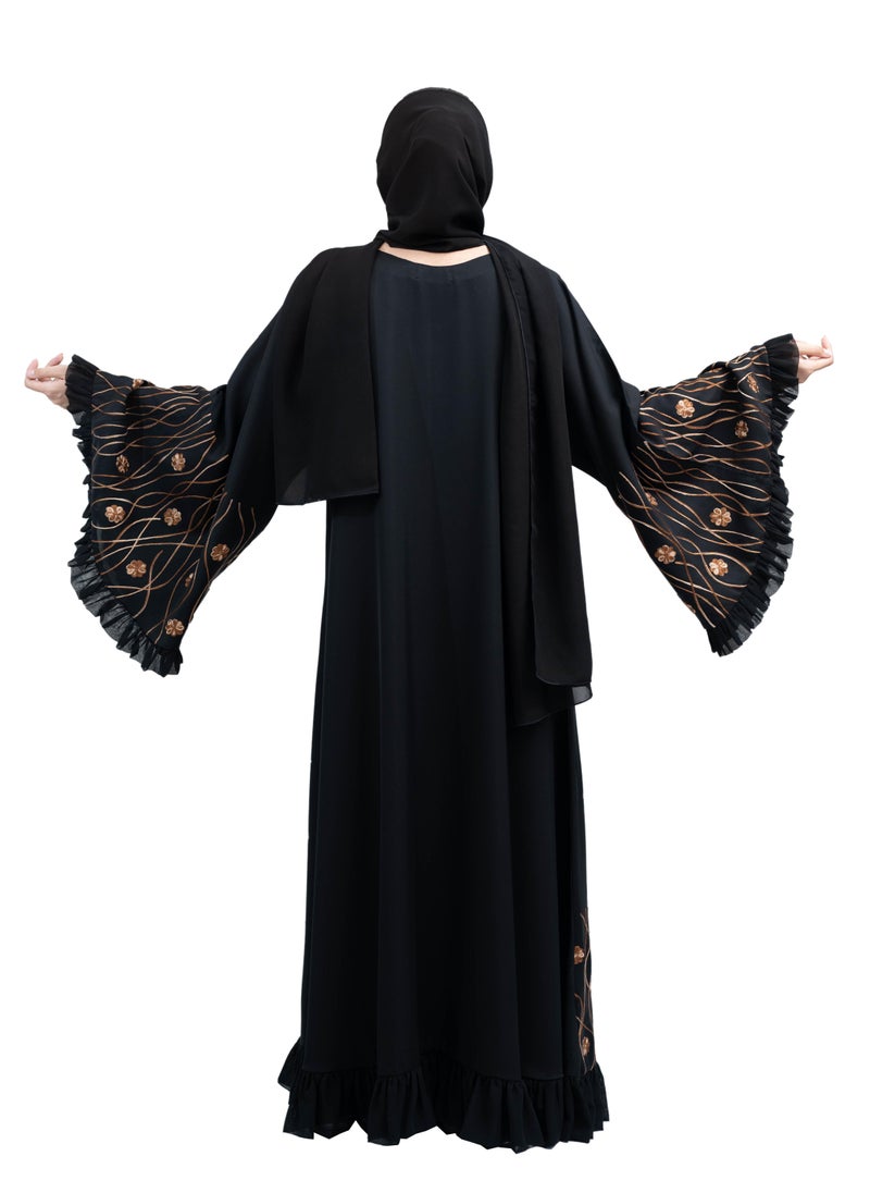 Chic Black Nida Abaya with Brown Floral Embroidery and Frill Design includes Hijab-635