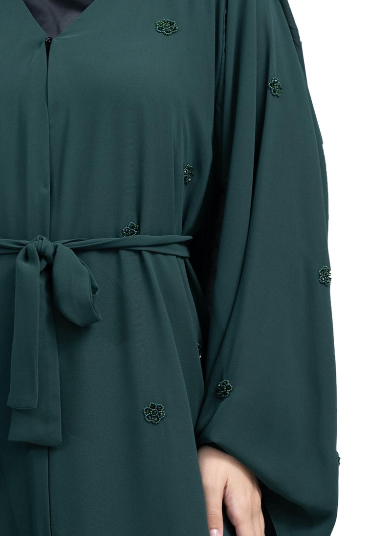 Trendy Dark Green Double chiffon Abaya with Floral Beadwork Design includes Matching Hijab and Belt-632