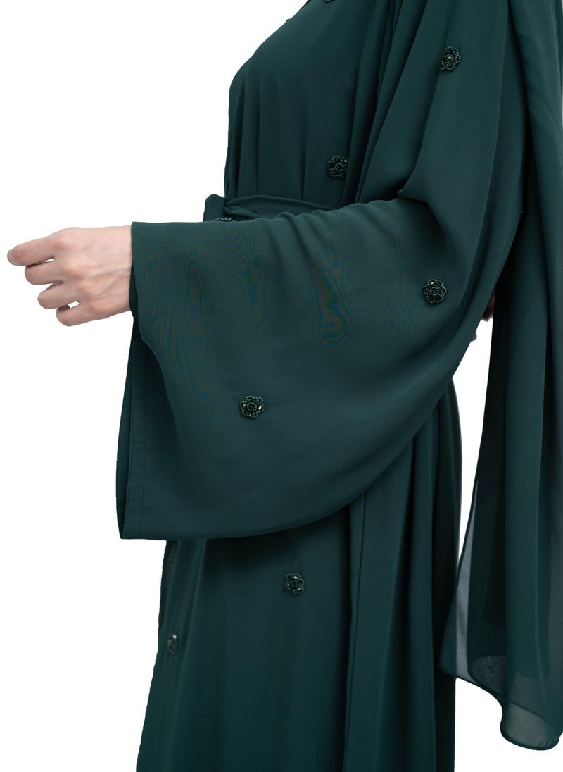 Trendy Dark Green Double chiffon Abaya with Floral Beadwork Design includes Matching Hijab and Belt-632