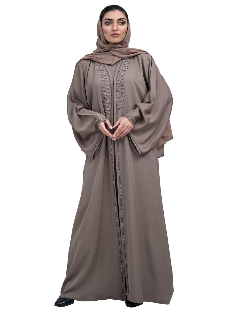 Graceful Khaki Nida 2-Piece Abaya Set with Beadwork includes Hijab and Inner Dress-2P633