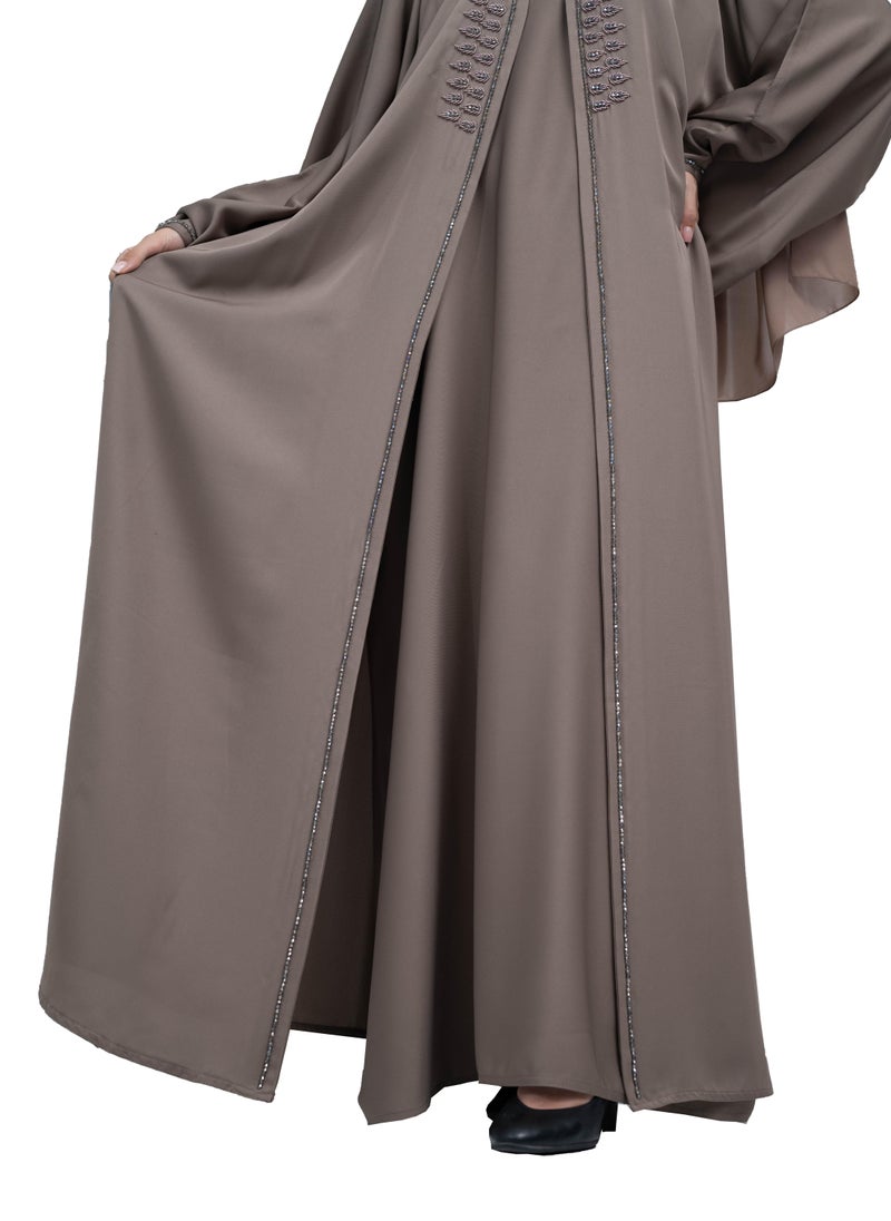 Graceful Khaki Nida 2-Piece Abaya Set with Beadwork includes Hijab and Inner Dress-2P633