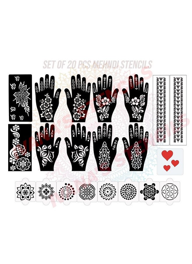 Set Of 20 Pcs Combo Pack, Reusable Mehndi Stencil Sticker Latest Mehandi Design Stencils For Girls, Women, Kids & Teen, D-2021