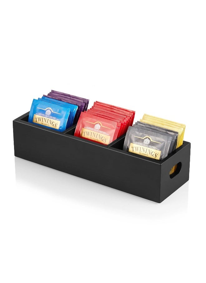 Tea Bag Organizer Black Wooden Holder Storage Containers with 3 Slots Sugar Packet Caddy Box for Countertop