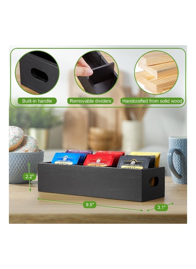 Tea Bag Organizer Black Wooden Holder Storage Containers with 3 Slots Sugar Packet Caddy Box for Countertop