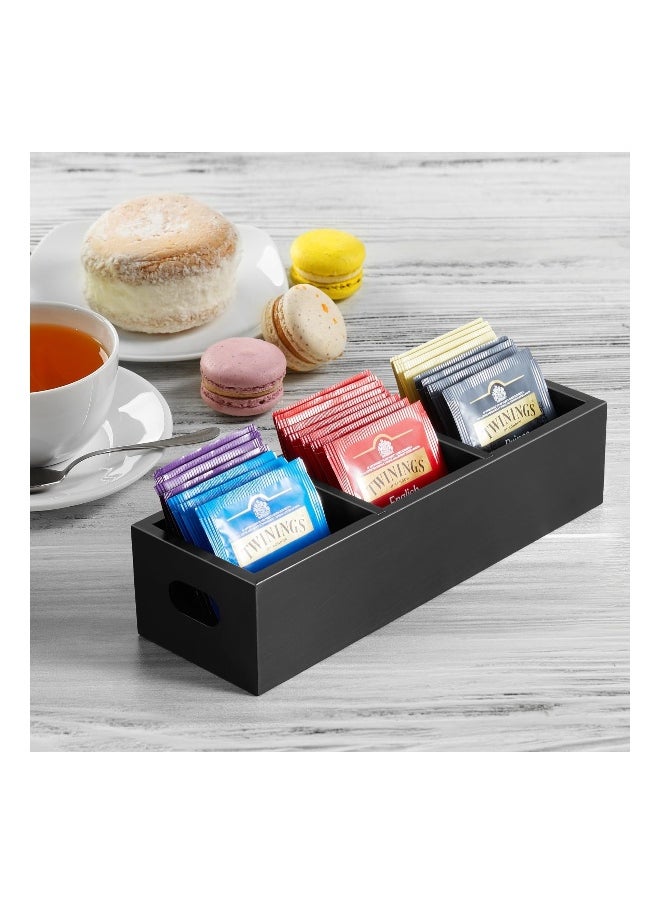 Tea Bag Organizer Black Wooden Holder Storage Containers with 3 Slots Sugar Packet Caddy Box for Countertop