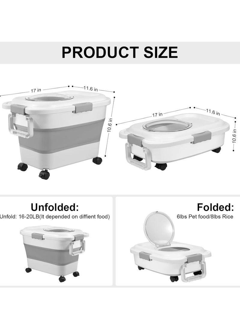 Foldable Rice Storage Containers, 20-30 Lbs Collapsible Dog Food Storage Container, Bin Dispenser with Rolling Wheel and Clear Airtight Lid, Cereal and Dog Cat Pet food Containers BPA Free (grey)