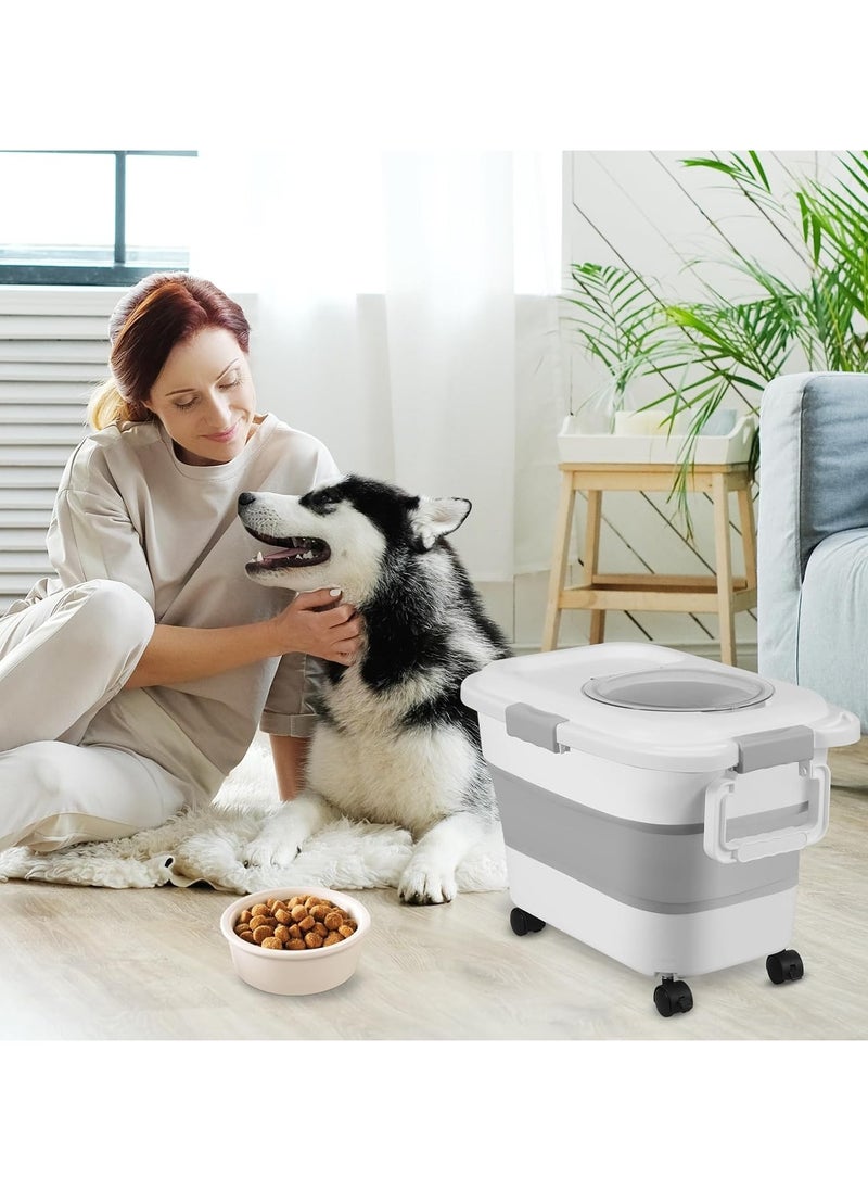 Foldable Rice Storage Containers, 20-30 Lbs Collapsible Dog Food Storage Container, Bin Dispenser with Rolling Wheel and Clear Airtight Lid, Cereal and Dog Cat Pet food Containers BPA Free (grey)