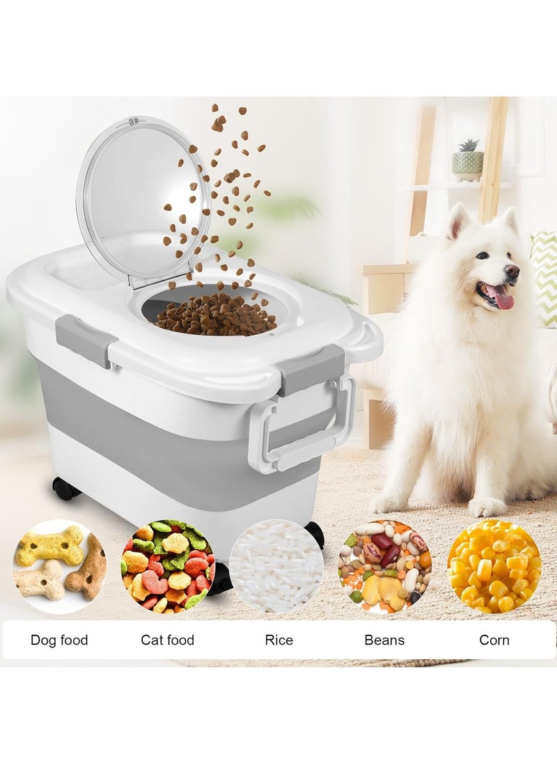 Foldable Rice Storage Containers, 20-30 Lbs Collapsible Dog Food Storage Container, Bin Dispenser with Rolling Wheel and Clear Airtight Lid, Cereal and Dog Cat Pet food Containers BPA Free (grey)