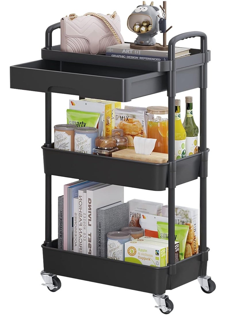 3-Tier Rolling Utility Cart with Drawer,Multifunctional Storage Organizer with Plastic Shelf & Metal Wheels,Storage Cart for Kitchen,Bathroom,Living Room,Office,Black