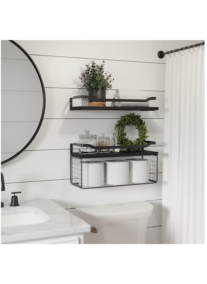 2 PCS Floating Home Wood Wall Mounted Shelves Rustic and Bathroom Rack Set with Storage Basket, Screw to Install