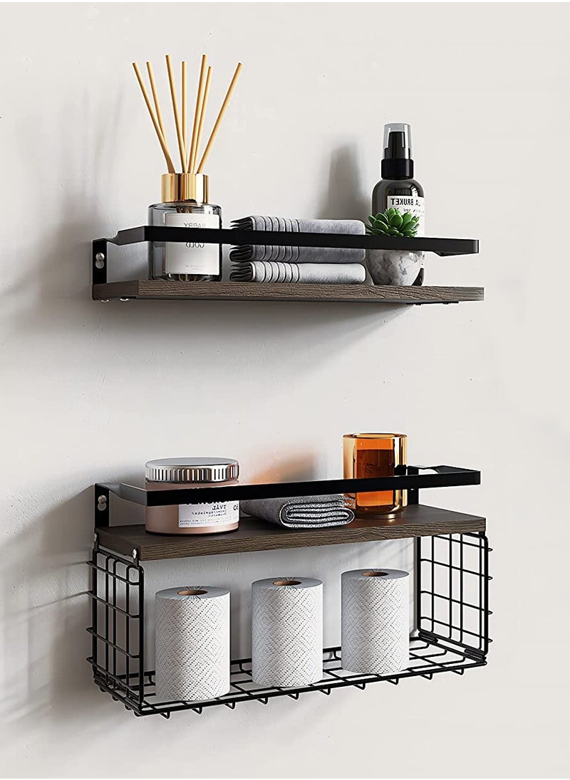 2 PCS Floating Home Wood Wall Mounted Shelves Rustic and Bathroom Rack Set with Storage Basket, Screw to Install