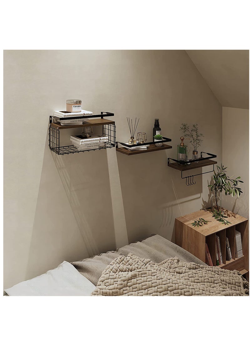 2 PCS Floating Home Wood Wall Mounted Shelves Rustic and Bathroom Rack Set with Storage Basket, Screw to Install