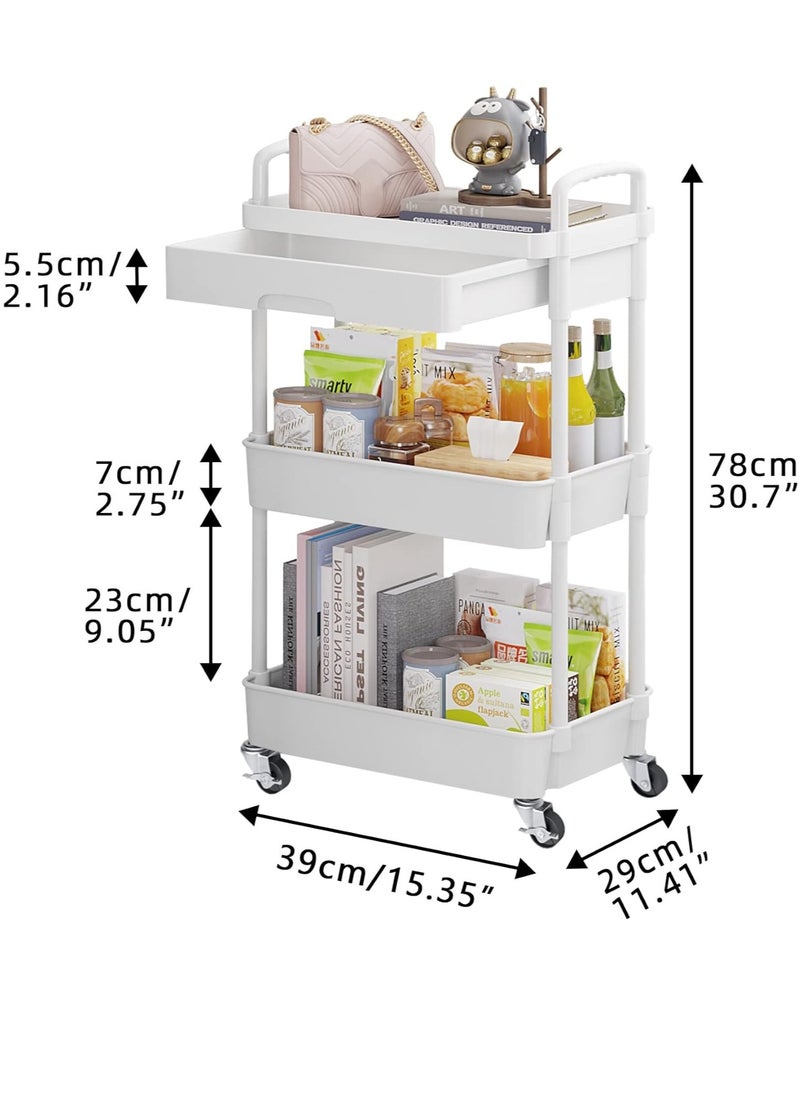 3-Tier Rolling Utility Cart with Drawer,Multifunctional Storage Organizer with Plastic Shelf & Metal Wheels,Storage Cart for Kitchen,Bathroom,Living Room,Office,White