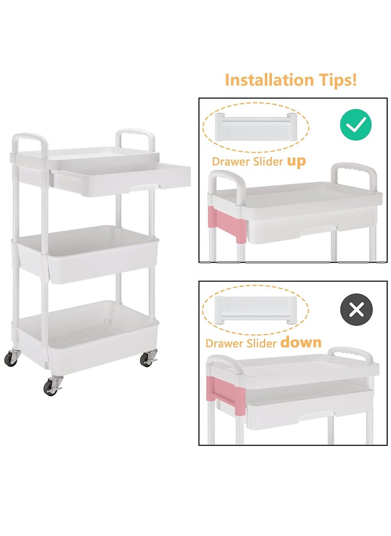 3-Tier Rolling Utility Cart with Drawer,Multifunctional Storage Organizer with Plastic Shelf & Metal Wheels,Storage Cart for Kitchen,Bathroom,Living Room,Office,White