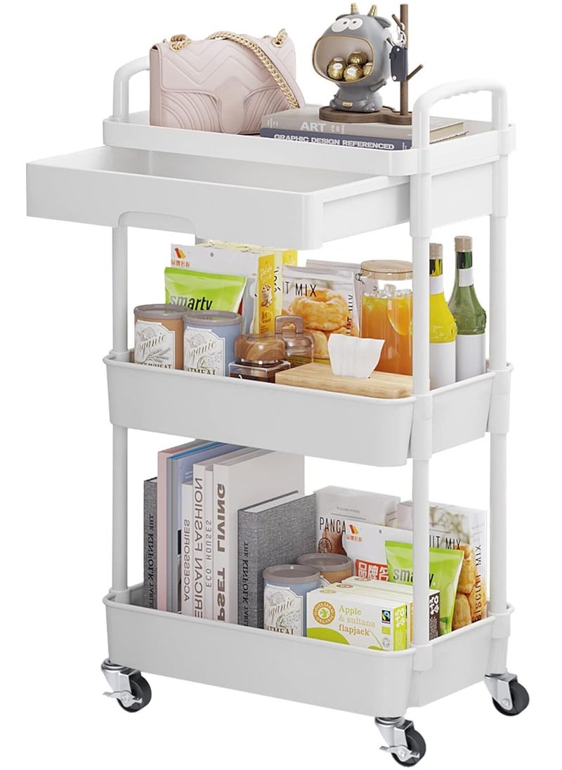 3-Tier Rolling Utility Cart with Drawer,Multifunctional Storage Organizer with Plastic Shelf & Metal Wheels,Storage Cart for Kitchen,Bathroom,Living Room,Office,White