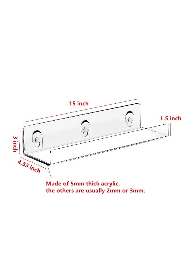 Clear Acrylic Shelf, 2 PCS clear acrylic shelf stick, 15 Inch Bookshelf Acrylic Floating, Clear Thick Bathroom Storage Shelves Display Organizer