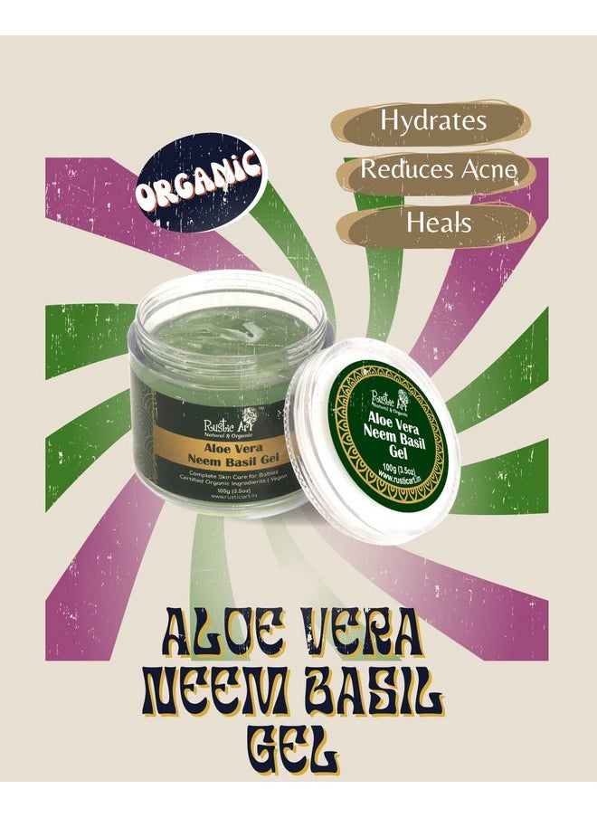 Organic Aloe Vera Neem Basil Gel | Soothing, Cooling | Anti Acne, Reduces Redness | For Kids, Women & Men | 100G