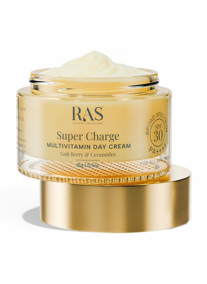 Super Charge Day Cream With Multivitamin Spf 30 Pa++++ Goji Berry & Ceramides | Moisturizer For Glowing Skin With 72Hr Hydration | Protection From Uva & Uvb | Luxury Skincare | 15Gm