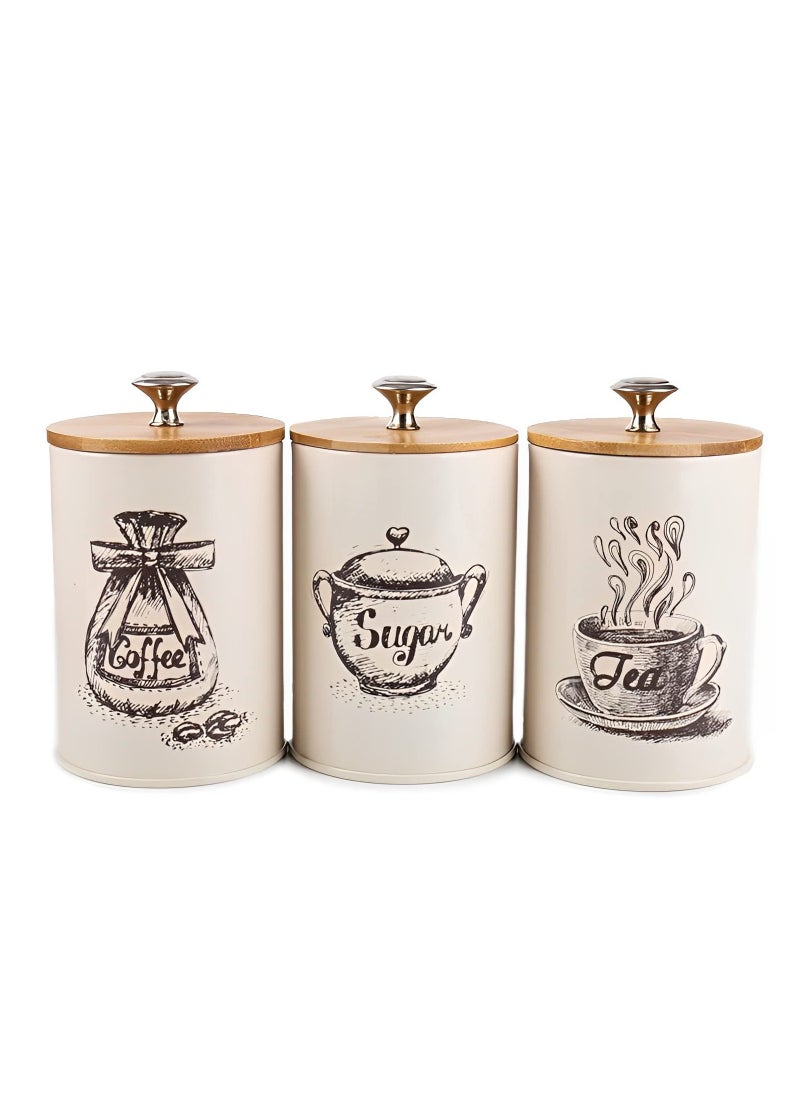 3 Pieces Canister Sets for Kitchen Counter, Metal Vintage Kitchen Canisters, Coffee Sugar Tea Canister Set, Food Storage Canister with Bamboo Lid, Farmhouse Kitchen Decor, Beige