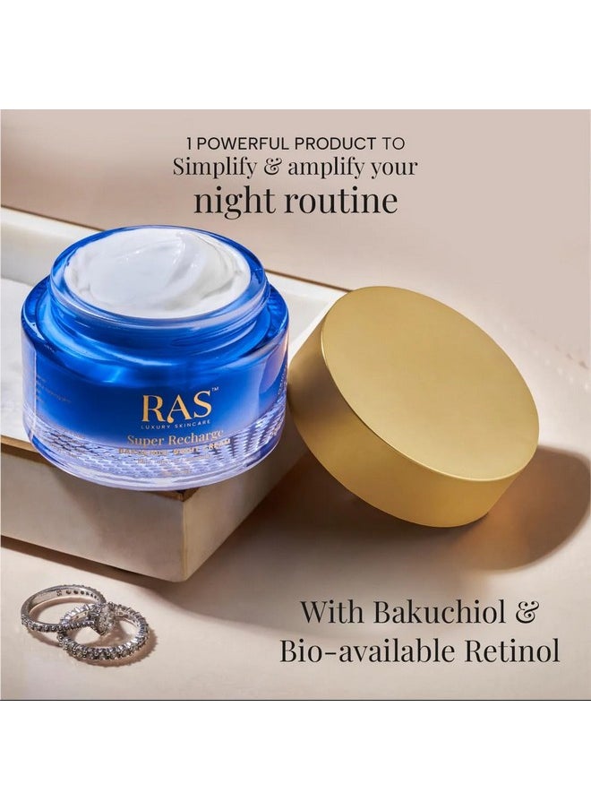 Super Recharge Night Cream With Bakuchiol (Natural Retinol) & Peptides| Anti-Aging Formula | Hydrates & Strenghten Skin Barrier | Reduces Fine Lines & Wrinkles | Luxury Skincare | 15Gm