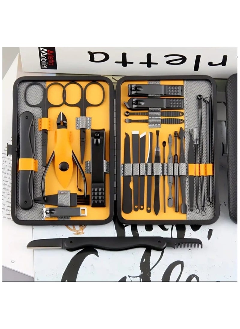 Black And Yellow Grooming Kit,Professional Manicure And Pedicure Set,Portable Travel Case With Nail Clippers.Sciossors.Tweezers,Ear Pick Tools & More,Personal Care Accessories