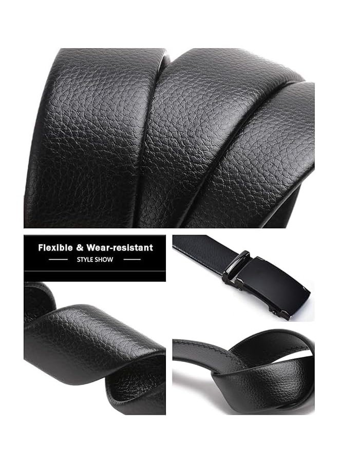 Men’s PU Leather Ratchet Dress Belt With Automatic Buckle, Enclosed in an Elegant Gift Box - Pure Black