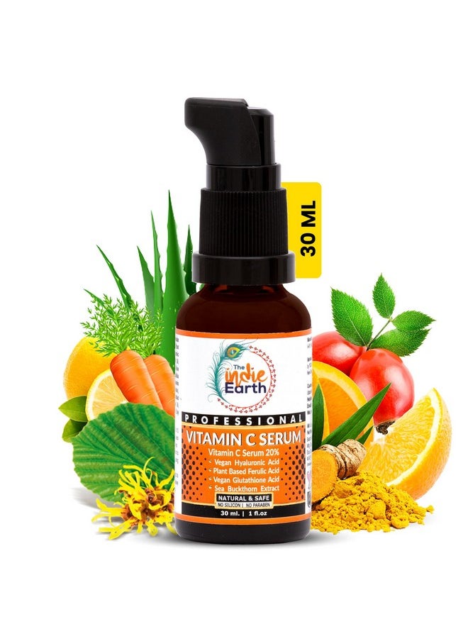 20% Vitamin C Serum With Glutathione, Hyaluronic & Ferulic Acid | Anti-Aging, Brightening Formula Highly Concentrated Withcarrot Seed, Sea Buckthorn, Rosehip & Witch Hazel 30Ml