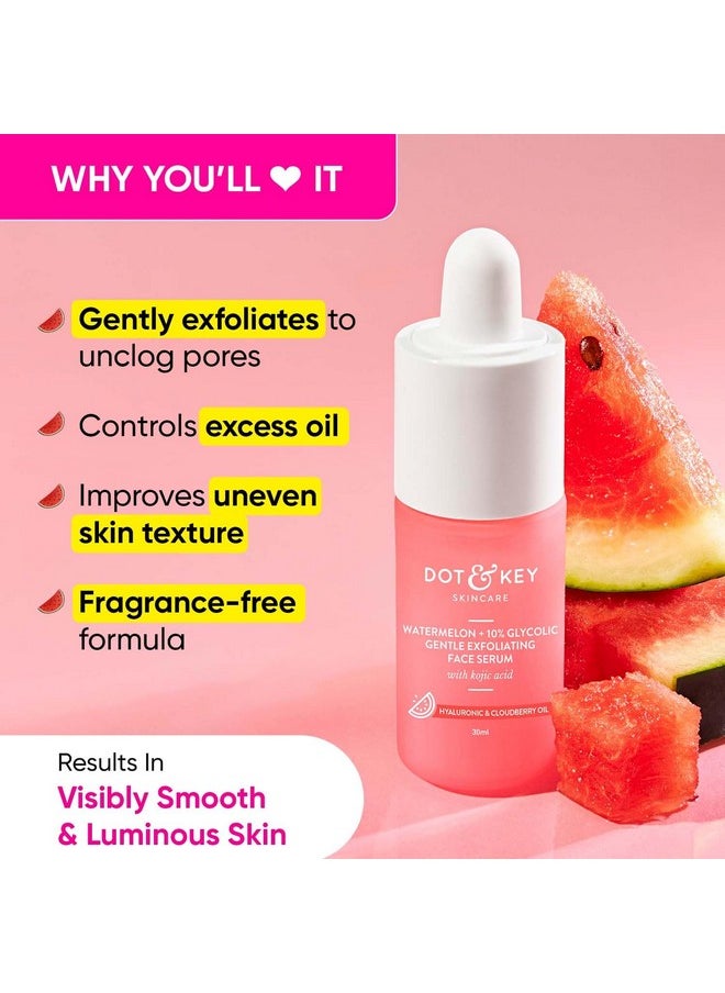 Watermelon 10% Glycolic Serum For Face Glowing, With Kojici | Targets Pigmentation & Dark Spots | Targets Dullness, Uneven Texture, Sebum & Excess Oil | Serum For Oily & Normal Skin | 30Ml